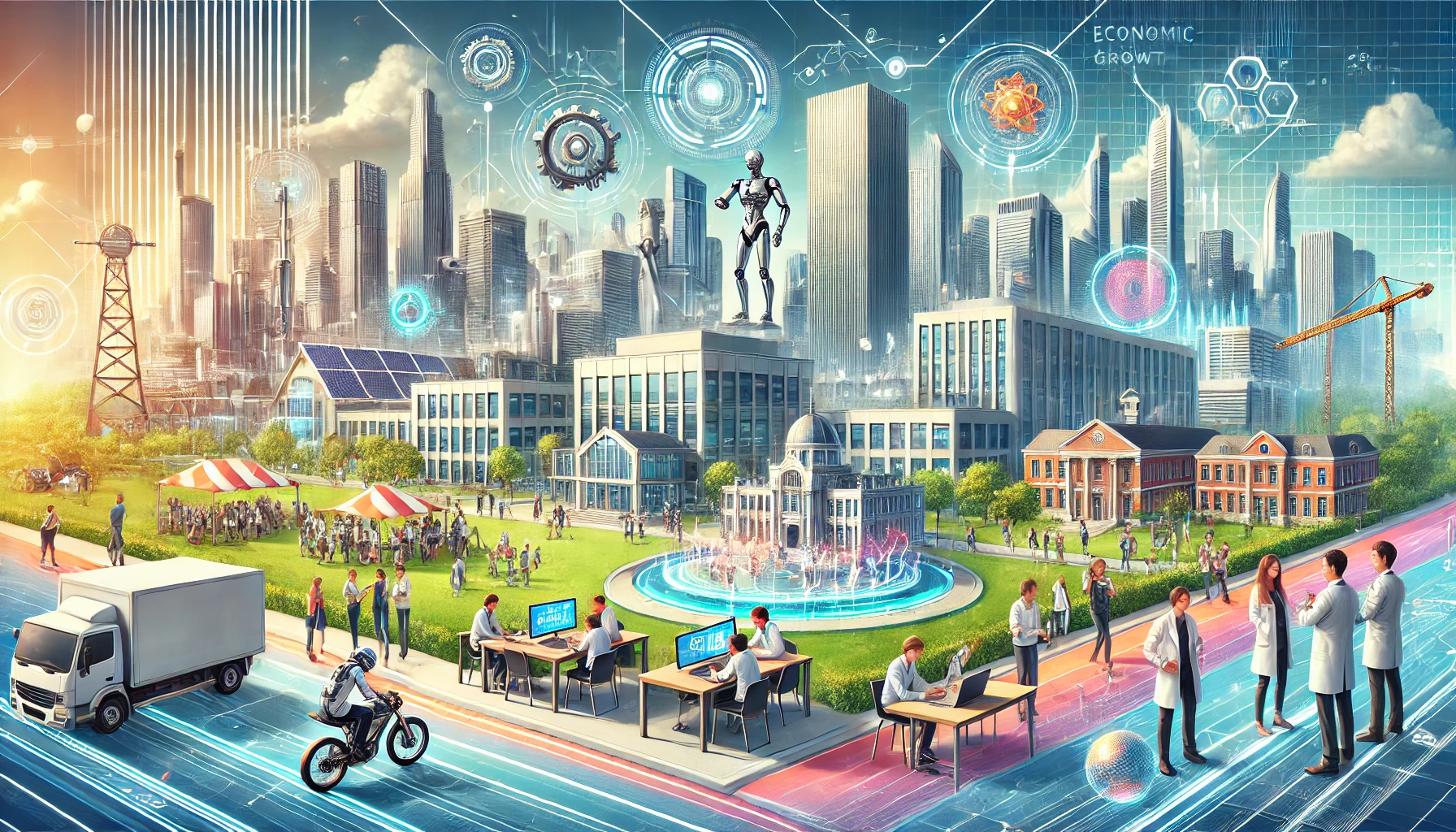 A dynamic and futuristic illustration depicting the role of research universities in innovation and economic growth. The scene shows a modern university campus with advanced research facilities, students, and professors collaborating on projects. In the foreground, innovative technologies like robotics, biotechnology, and clean energy solutions are displayed. The background includes a vibrant cityscape symbolizing economic growth, with skyscrapers, renewable energy installations, and bustling marketplaces. The style is clean, vibrant, and professional, emphasizing innovation, education, and economic progress.