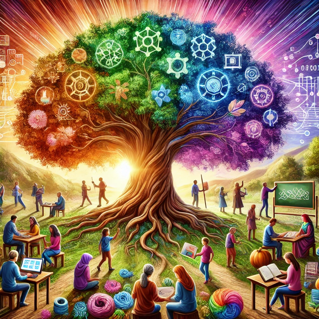 An artistic representation of lifelong learning: a large, ancient tree with sprawling branches, symbolizing wisdom and growth, surrounded by diverse people of different ages engaging in various educational activities like reading, painting, coding, and discussing ideas. The tree's roots are deep and intertwined, representing a strong foundation of knowledge. The setting is serene, with a glowing sunrise in the background, signifying hope and endless possibilities. Vibrant colors and a harmonious balance of nature and human connection are emphasized.