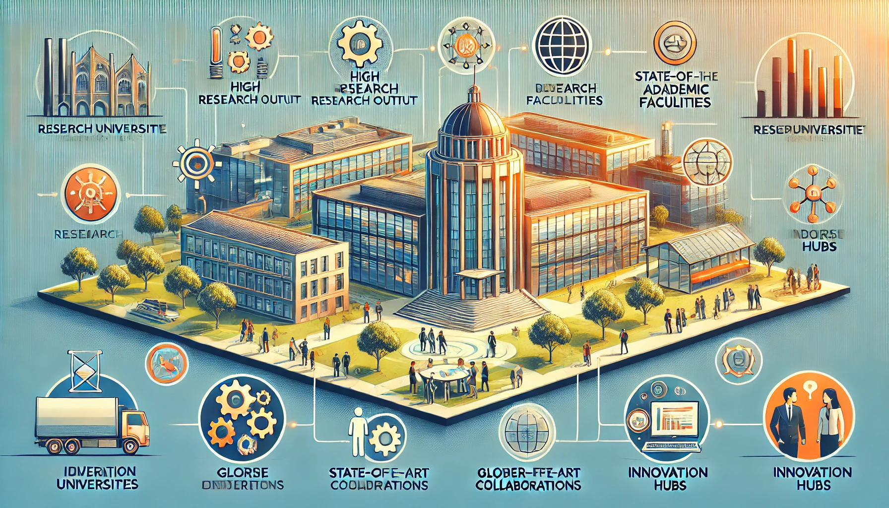 An infographic-style image illustrating the key characteristics of research universities. The image features a modern campus with iconic academic buildings, a library, and a research lab in the background. Overlayed icons and labels highlight specific features such as 'High Research Output,' 'State-of-the-Art Facilities,' 'Global Collaborations,' 'Diverse Academic Programs,' and 'Innovation Hubs.' Diverse students and faculty are depicted working together, emphasizing diversity and inclusivity. The overall design is sleek and educational, with vibrant colors and a professional layout.