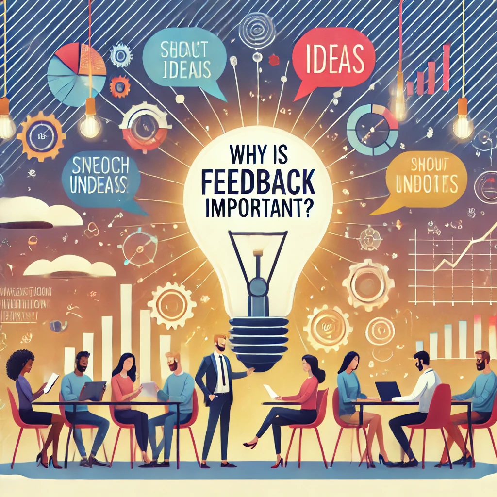 An educational illustration depicting the importance of feedback in growth and improvement. The image shows a diverse group of people in a collaborative environment, exchanging ideas with speech bubbles and charts. A central glowing light bulb symbolizes understanding and innovation. Vibrant colors and a clean, professional design enhance the theme of learning and progress. Include text overlay saying 'Why is Feedback Important?' in bold, modern typography.