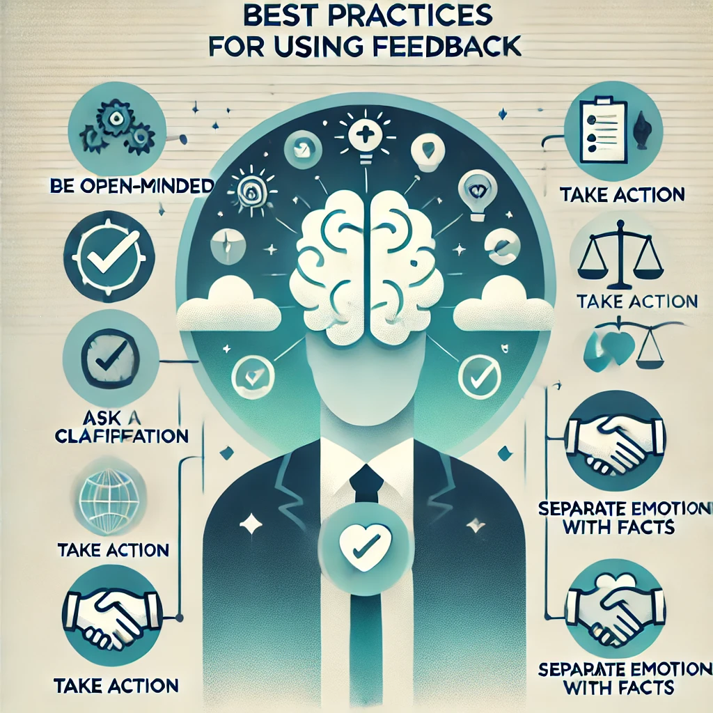 A professional and clean infographic-style design featuring the title 'Best Practices for Using Feedback' at the top. The image includes visually distinct sections with icons representing different best practices such as: 'Be Open-Minded' (a person with an illuminated brain), 'Ask for Clarification' (a speech bubble with a question mark), 'Take Action' (a checklist being checked), 'Separate Emotion from Facts' (a balanced scale), and 'Express Gratitude' (a heart and handshake). The background is light with a subtle gradient, and the color palette is modern, using shades of blue, green, and white.