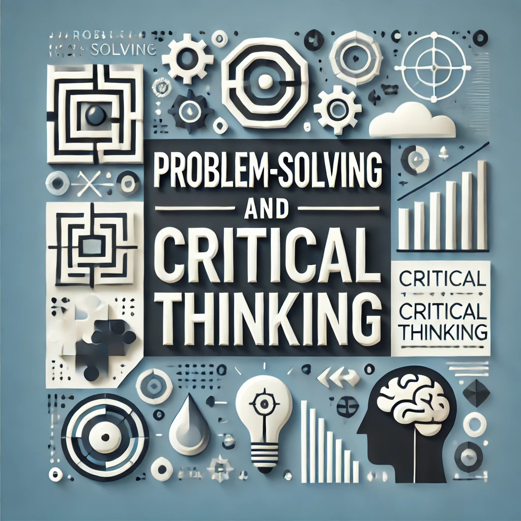 Design an image featuring the heading 'Problem-Solving and Critical Thinking' in bold, professional typography. The visual should include abstract elements that symbolize problem-solving, such as a maze, puzzle pieces, or a light bulb, combined with symbols of critical thinking like a human brain or analytical charts. Use a modern and clean style with colors like blue, white, and gray, and include subtle background graphics to create a sophisticated look.